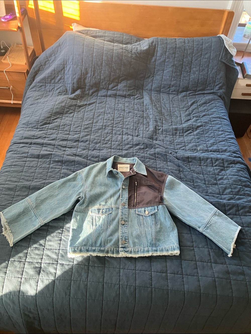 Sandy Liang Two-Tone Light Blue Denim Jacket with Dark Contrast Panel